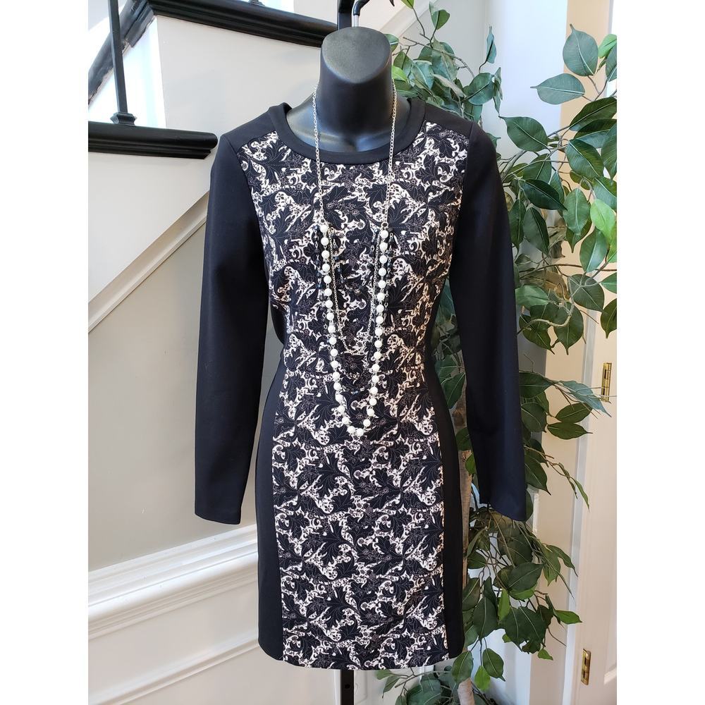 Club Monaco Shift Dress Women's 4‎ Black Floral Back Zip Long Sleeve Crew Neck